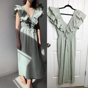 Zara green sage ruffle midi dress size medium blogger‎ summer vacation wedding